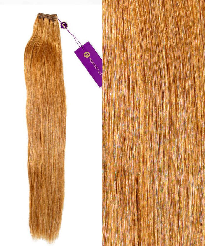 Perfect Locks Straight Hand-Tied Weft Rows (2oz) in Honey Blonde  shown as a bundle and close-up, highlighting smooth texture and golden color.#color_golden-brown-(6)