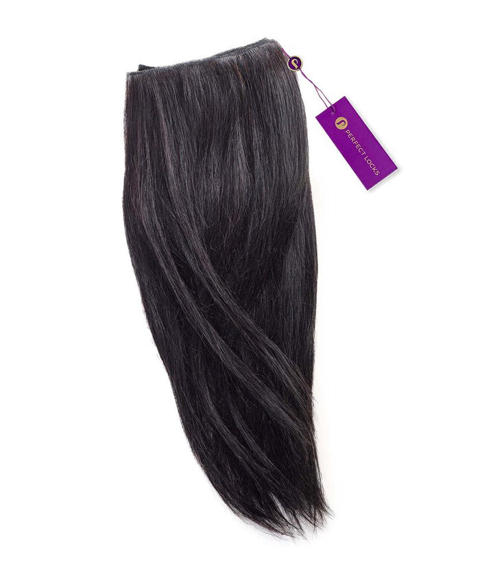 A bundle of Straight Virgin Hand-Tied Weft by Perfect Locks in Natural Black  with a purple tag, on a white background.