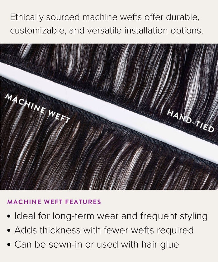Close-up of Perfect Locks' Straight Virgin Hand-Tied Weft and a machine weft, with text noting machine wefts' durability, customization, and versatile installation.