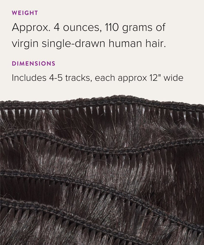 Close-up of several Perfect Locks Straight Virgin Hand-Tied Wefts laid parallel, with text above noting weight and size details.