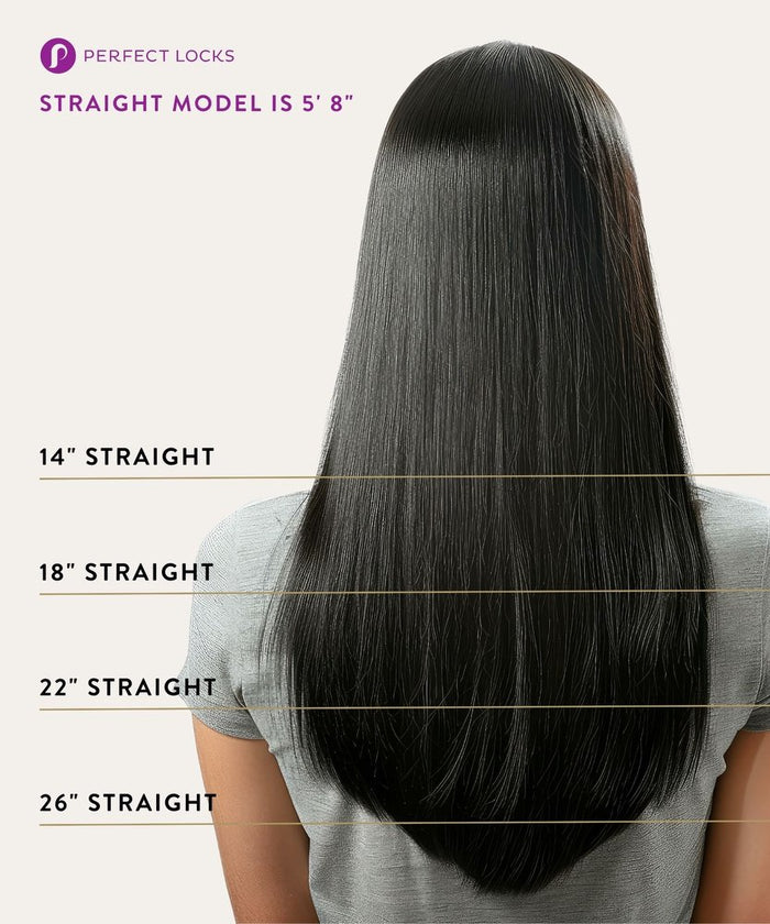 A woman with long, straight black hair is shown from the back, displaying four hair extension lengths marked by horizontal lines.
