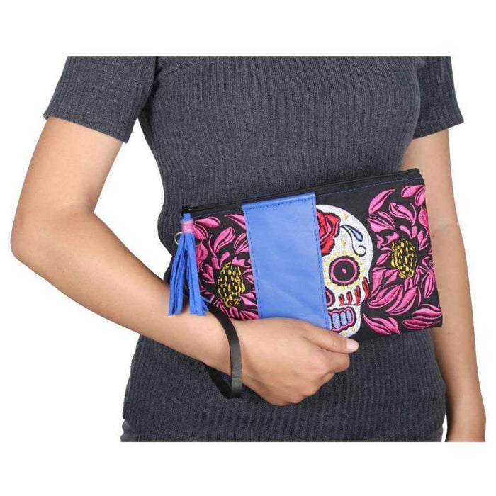 Sugar Skull and Tribal Wristlet with Leather Trim - Thailand