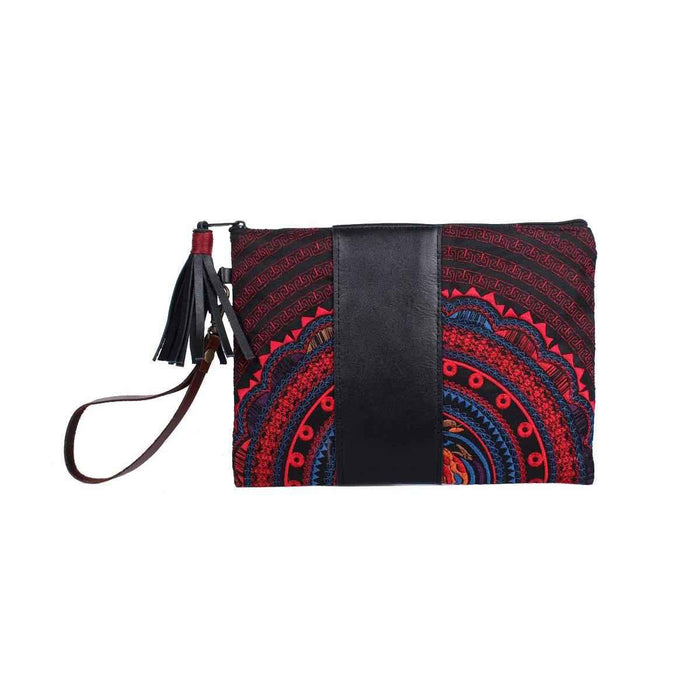 Sugar Skull and Tribal Wristlet with Leather Trim - Thailand