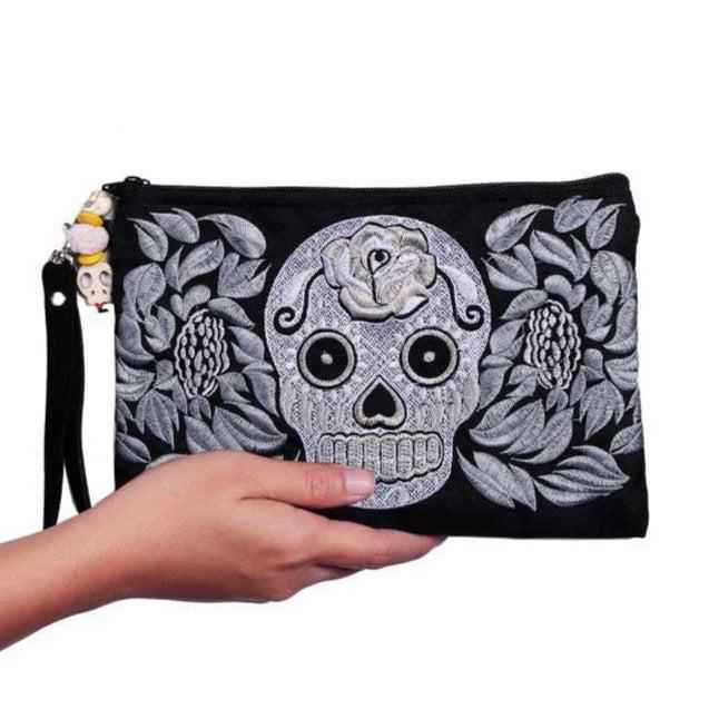 Sugar Skull Embroidered Monochrome Wristlet - Thailand