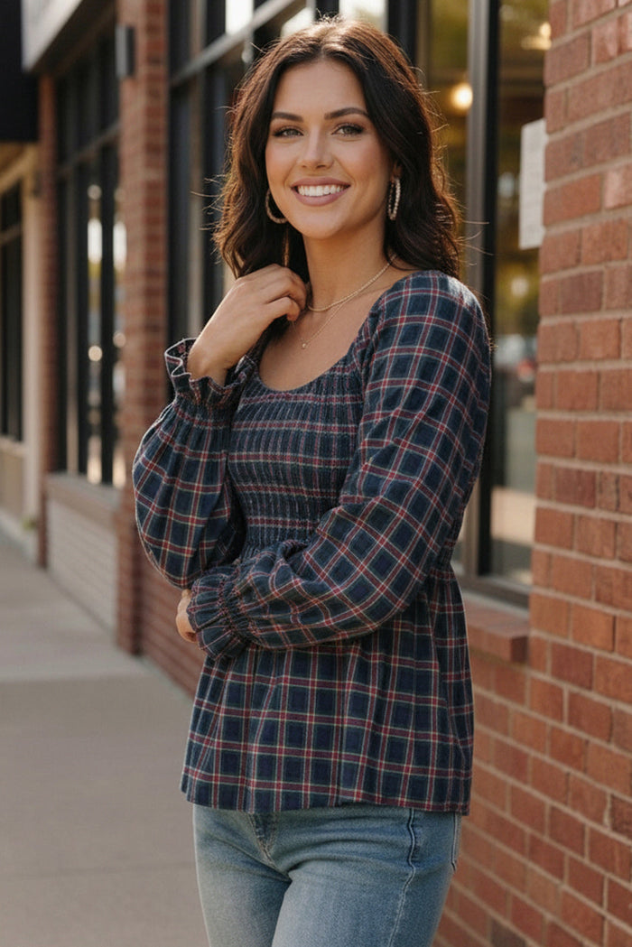 Sweetheart Smocked Navy Plaid Top