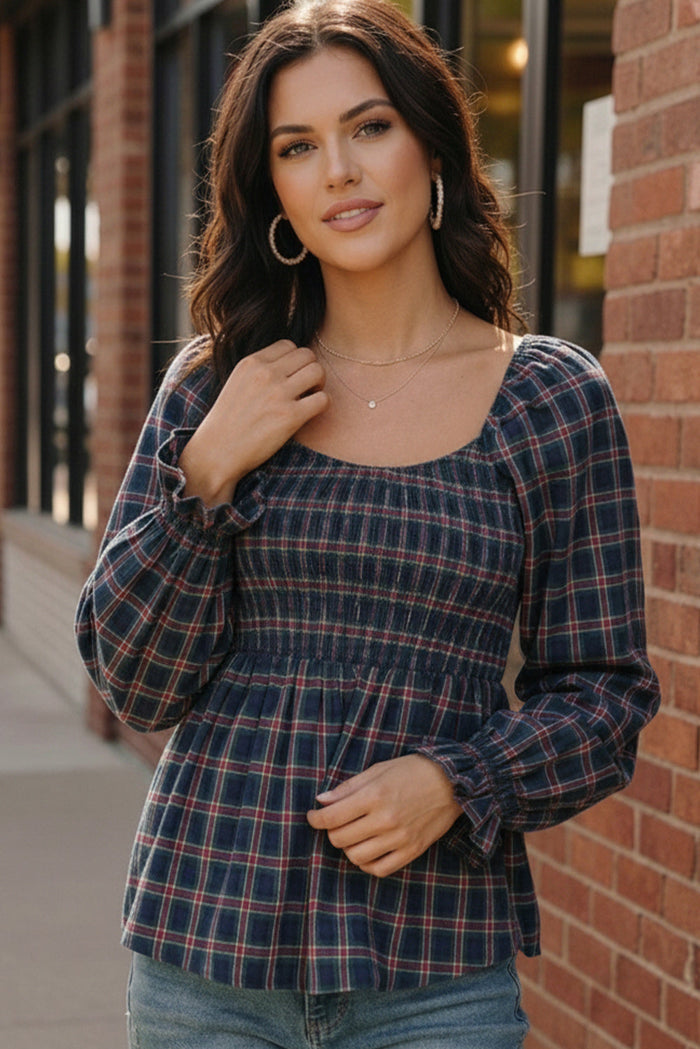 Sweetheart Smocked Navy Plaid Top