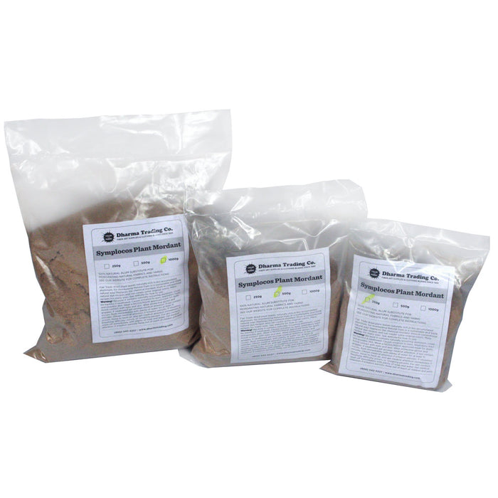 Three different sized bags of Dharma Trading Co. Symplocos Plant Mordan on a white background