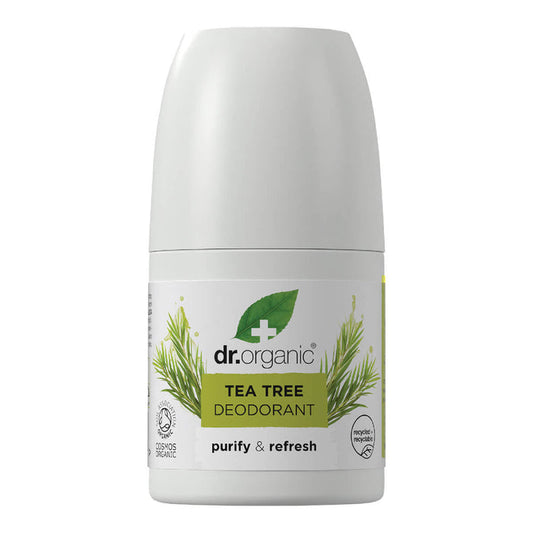 50ml bottle Dr. Organic Tea Tree Roll-On Deodorant, aluminium free, vegan, and cruelty free formula.