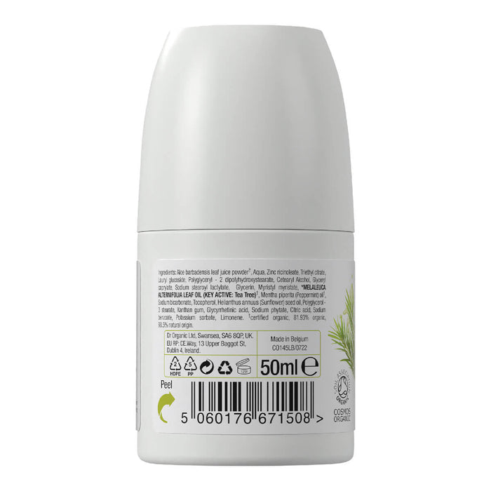 Back of 50ml bottle Dr. Organic Tea Tree Roll-On Deodorant, aluminium free, vegan, and cruelty free formula.