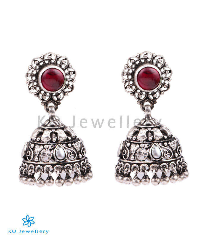 The Aditri Silver Jhumka (Red/Oxidised)