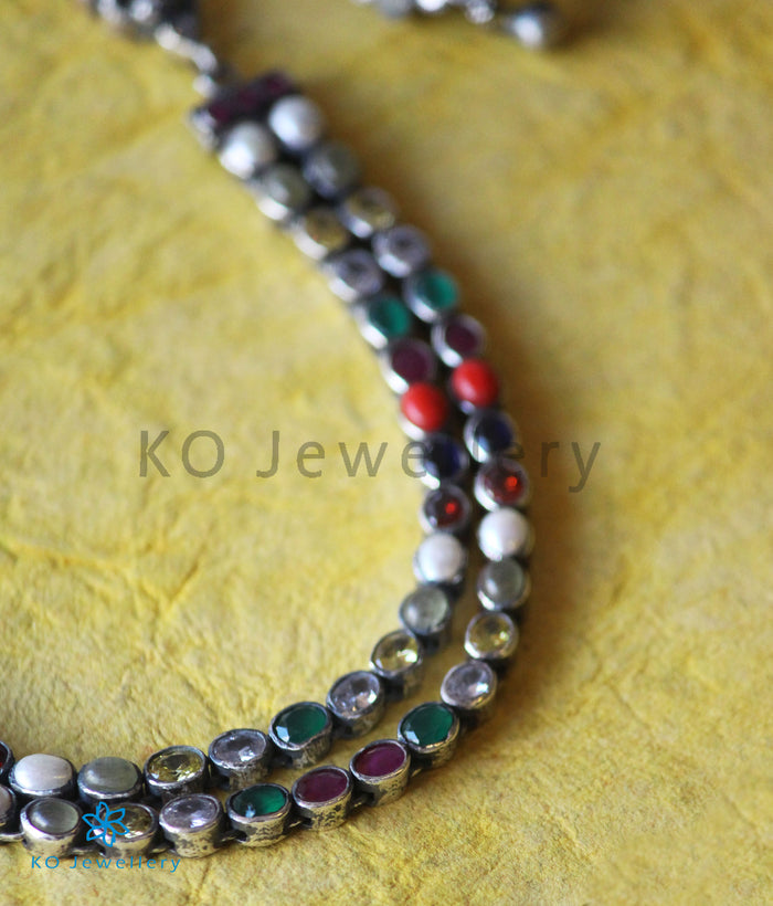 The Darshita Silver Navaratna Peacock Necklace(2 Layers/Oxidised)