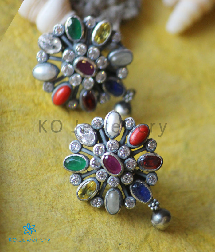 The Darshita Silver Navaratna Peacock Necklace(2 Layers/Oxidised)