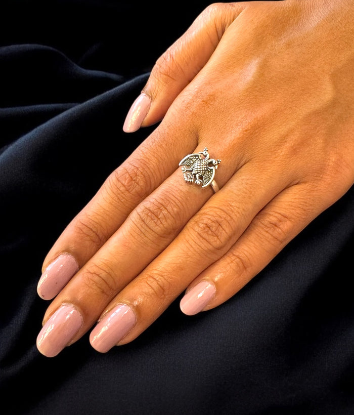 The Dvirupa Silver Gandaberunda Adjustable Finger Ring