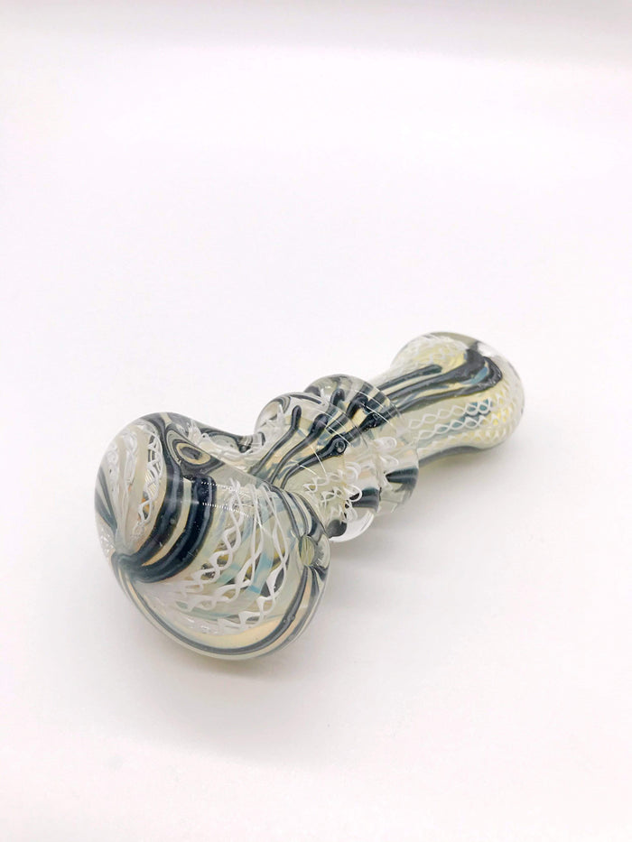 Smoke Station Hand Pipe Black & White Thick Spoon with Frit Ribbon and Line Work Hand Pipe