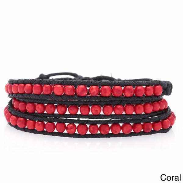 Three Wrap Bracelet with Leather & Beads - Thailand