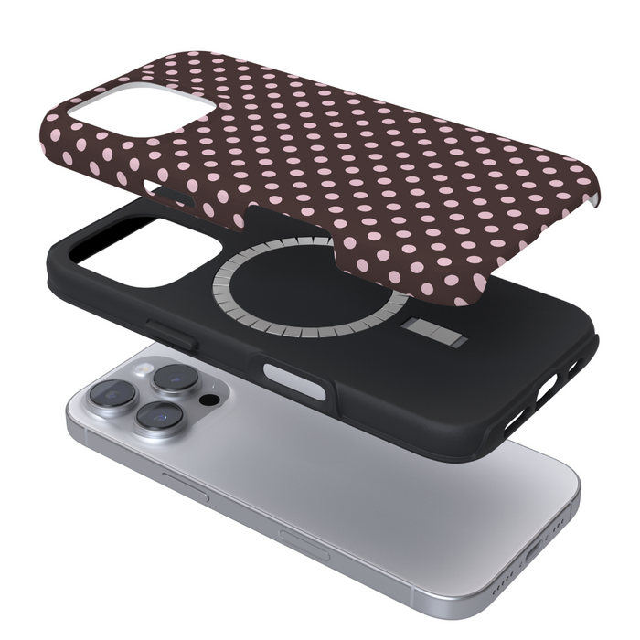Brown polka dot Coconut Lane Tough MagSafe® Phone Case shown in an exploded view with the cover positioned above.