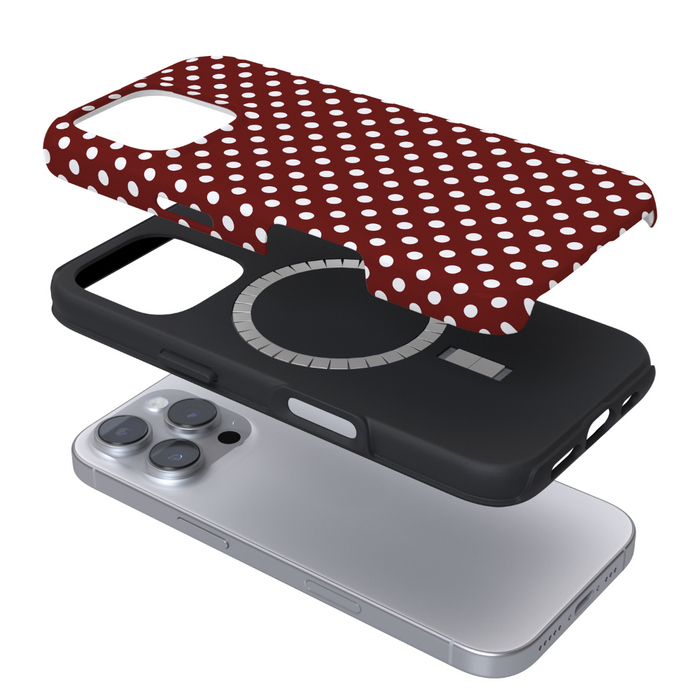 Coconut Lane Tough MagSafe® phone case, burgundy with polka dots, shown in layered red, white, and black components.