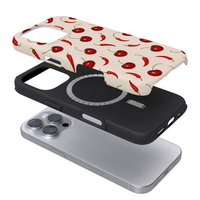 Cherry Spice Tough MagSafe® phone case with a red and cherry pattern, featuring a glossy protective finish.