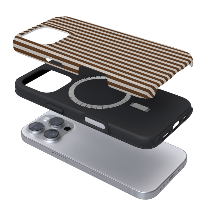 Two Coconut Lane Tough MagSafe® phone cases, one with chestnut stripes and one in solid black, shown in exploded view.