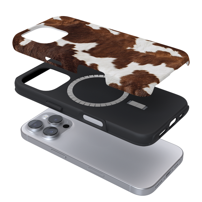 Cocoa Cowgirl patterned MagSafe phone case shown in exploded view above a plain black magnetic case.