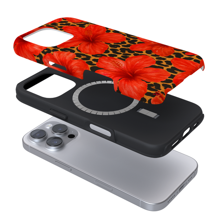Exploded view showing a smartphone, a plain black case, and a Coconut Lane MagSafe phone case with leopard hibiscus pattern.