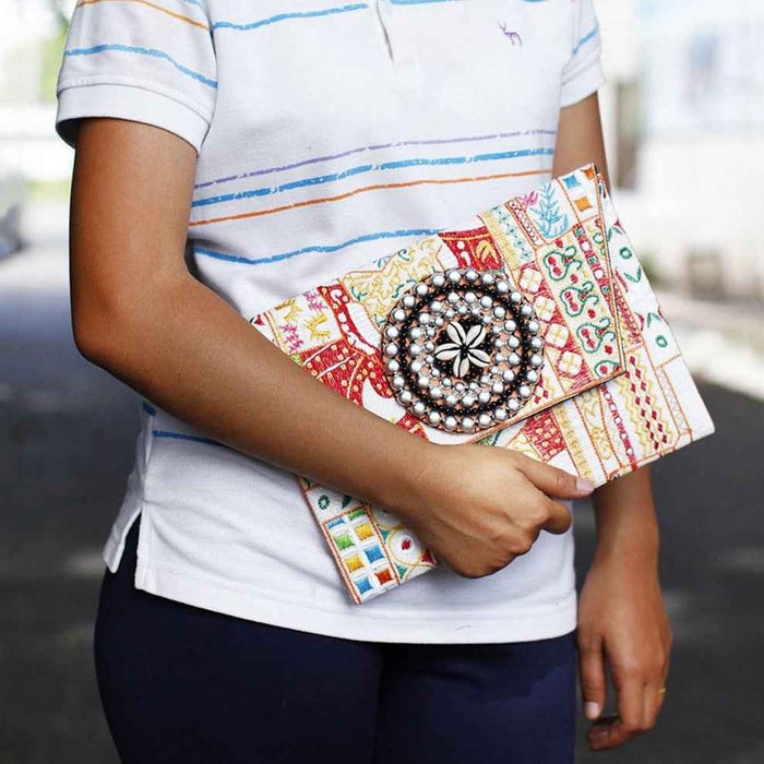 Tribal Handcrafted Fair Trade Shell Embroidered Clutch Bag | iPad Bag - Thailand