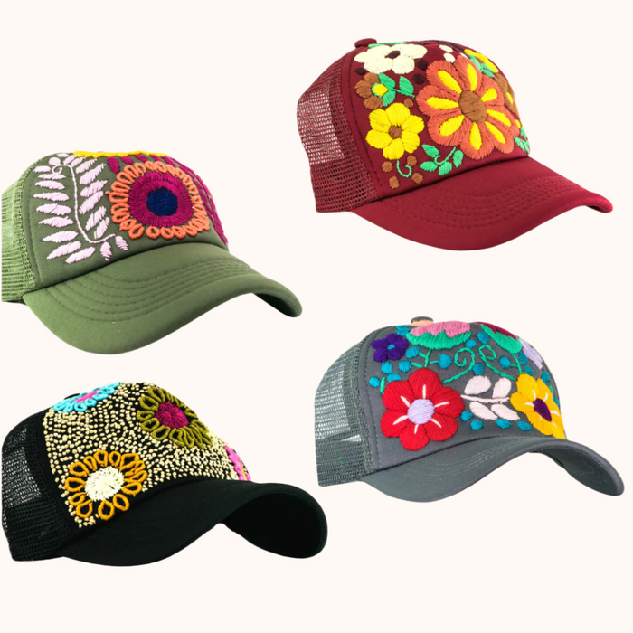 Tulum Hand Embroidered Trucker Flower Hat - Mexico