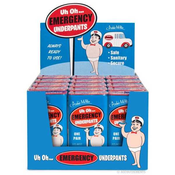 A prominent display showcases packages of "Uh Oh... Emergency Underpants," each featuring a cartoon mascot. Made from non-woven polyester, these disposable unisex underpants offer convenience and reliability for any unexpected situation.