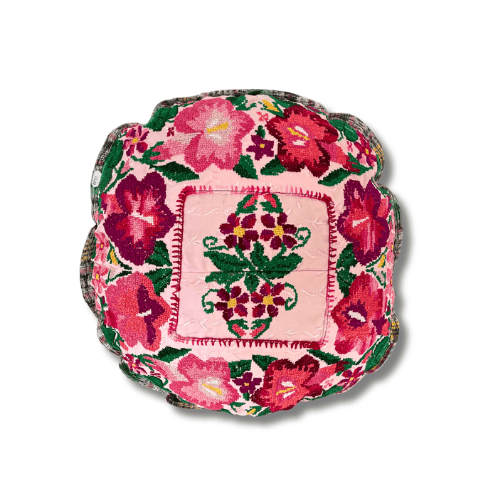 Up-cycled Moon Floral Huipil One-of-a-Kind Round Boho Pillow Cover - Guatemala