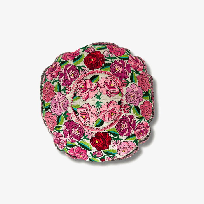 Up-cycled Moon Floral Huipil One-of-a-Kind Round Boho Pillow Cover - Guatemala