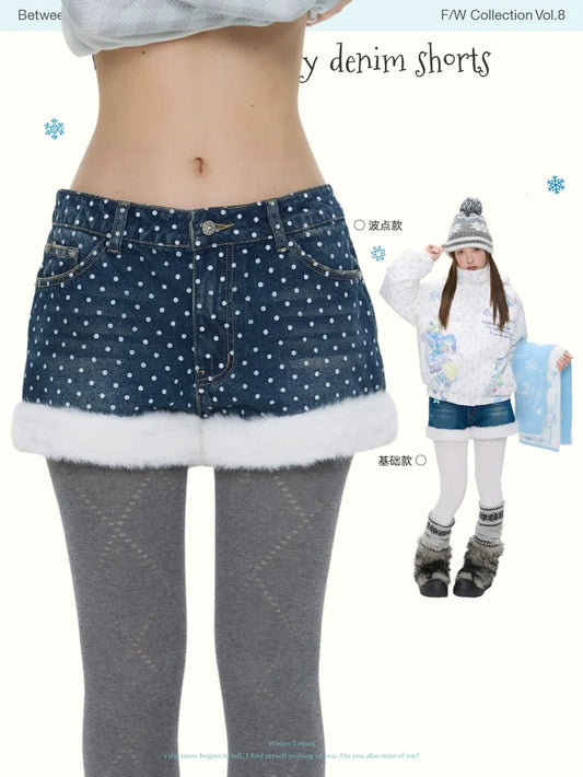 Washed and furry high-waisted fleece lined polka dot or plain denim shorts