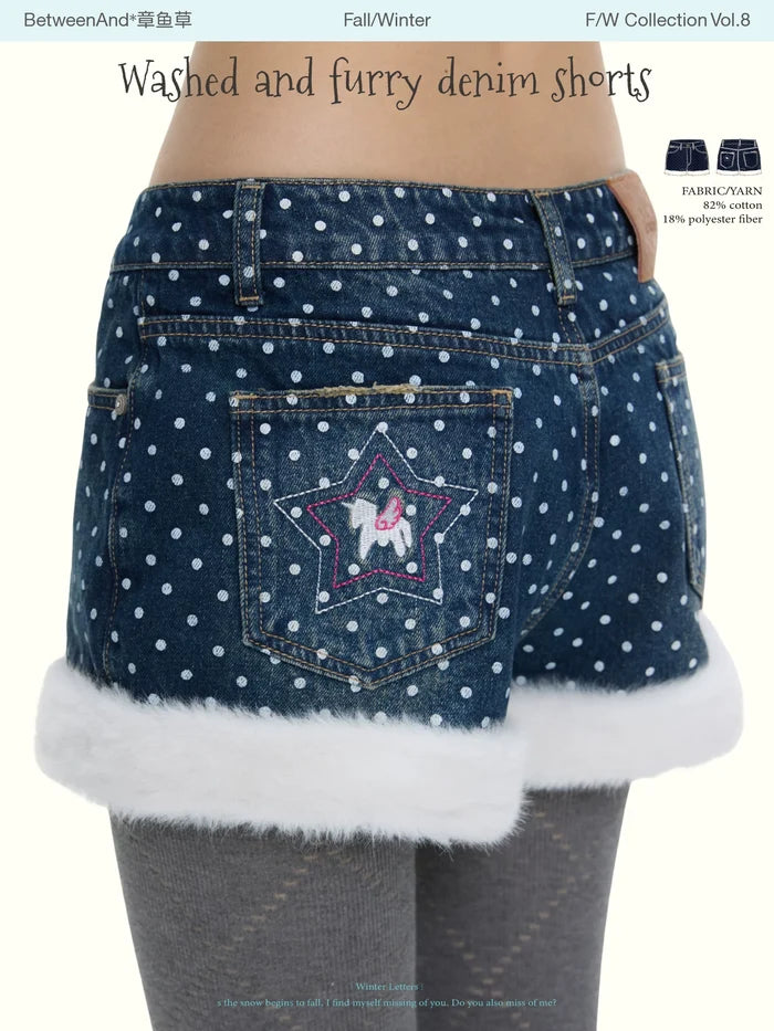 Washed and furry high-waisted fleece lined polka dot or plain denim shorts