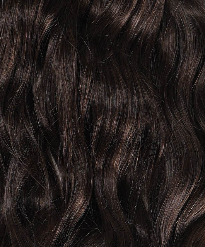 Close-up of Perfect Locks Wavy Clip-In Ponytail Extensions in Chocolate Brown , with glossy, long waves, natural texture, and subtle highlights.#color_natural-black-(1B)