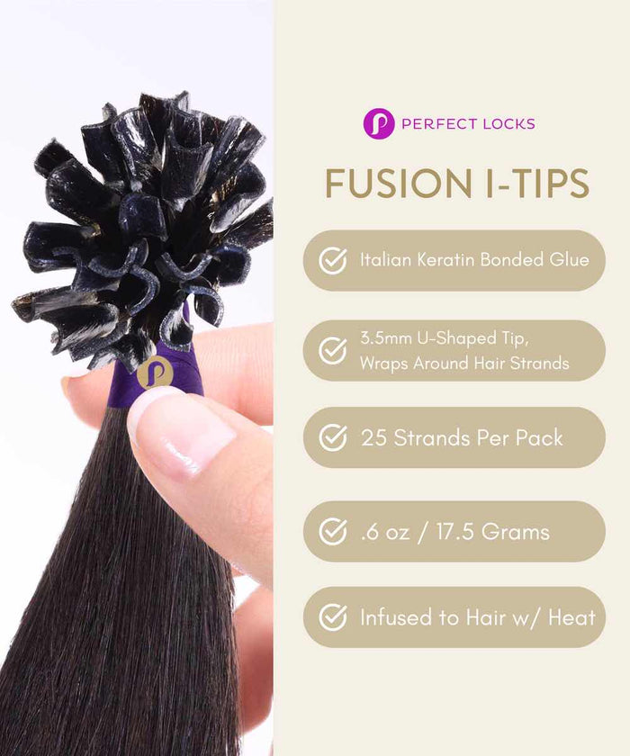A hand holds dark hair extensions with keratin-bonded Fusion I-Tips; each 3.5mm tip pack has 25 strands, heat-infused for security.