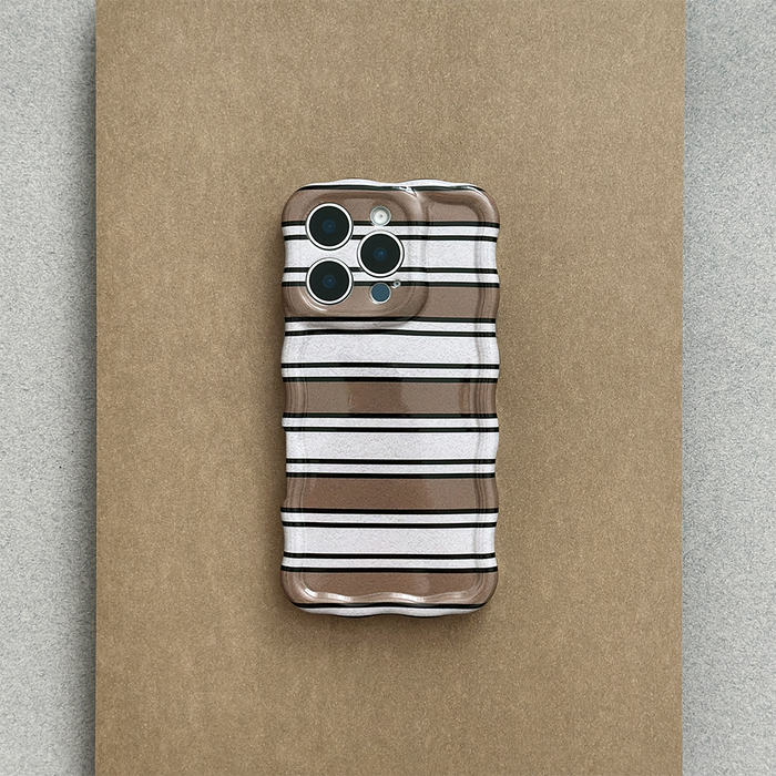 Brown and white wavy striped phone case with a glossy finish, displayed on a kraft paper background.