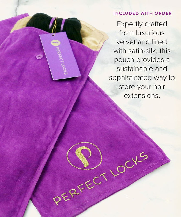 A purple velvet pouch with a gold Perfect Locks logo and tag, partially open to reveal beige satin lining—luxurious storage for Wavy Virgin Hand-Tied Weft hair extensions.