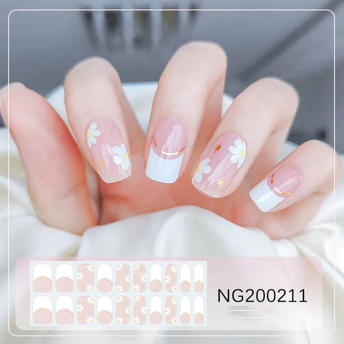 White Blossom Gel Nail Strips on Hand - White Floral Semicured UV Nail Art