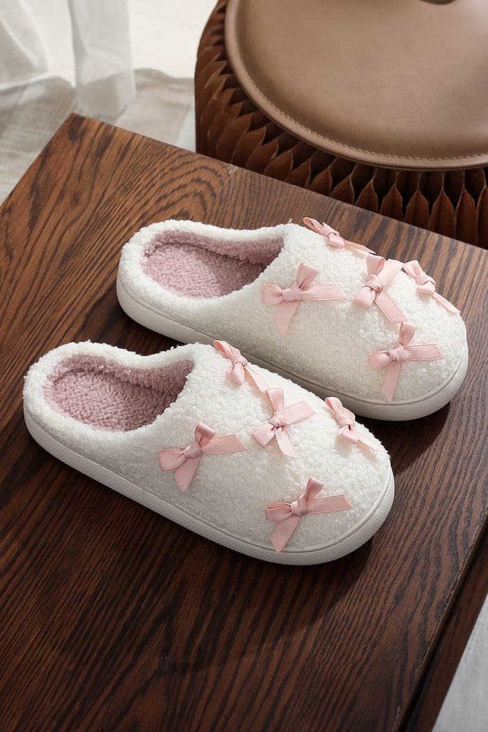 White Ribbed Bow Decor Plush House Slipper 🇺🇸