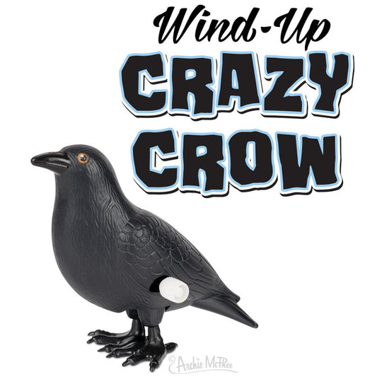 This delightful wind-up crow, made from durable hard vinyl, adds a playful vibe with its amusing antics. Featuring the text "Wind-Up Crazy Crow" prominently above it, the product exudes a sense of fun.