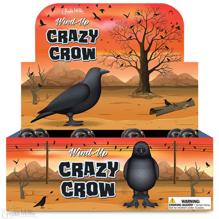 The hard vinyl packaging showcases an illustration of a crow in a desert setting, branded as Wind-Up Crazy Crow. This charming design creates a playful atmosphere, ideal for collectors and enthusiasts.