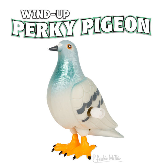 Introducing the Wind-Up Perky Pigeon: a charming wind-up toy featuring a blue-gray body and vibrant orange feet, set against a white background. Ideal for both wind-up toy enthusiasts and professional pigeon fanciers.