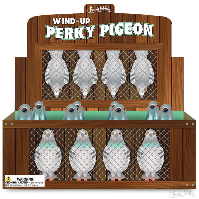 The wooden booth showcases mechanical pigeons behind a mesh, titled "Wind-Up Perky Pigeon," and includes a choking hazard warning—an ideal addition to any professional pigeon enthusiast's collection!
