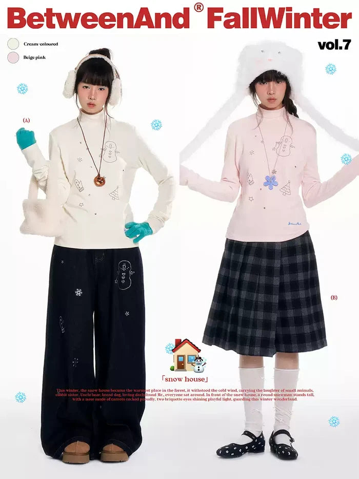 “Winter Creamy Soft” mock-neck fitted long-sleeve base top with rhinestone details