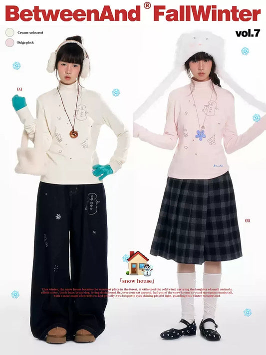 “Winter Creamy Soft” mock-neck fitted long-sleeve base top with rhinestone details