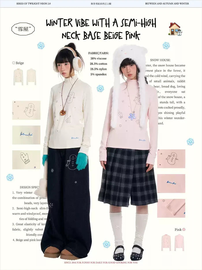 “Winter Creamy Soft” mock-neck fitted long-sleeve base top with rhinestone details
