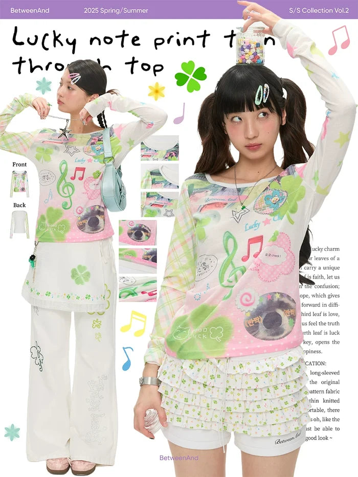 Y2K music note print long sleeve top with patchwork design
