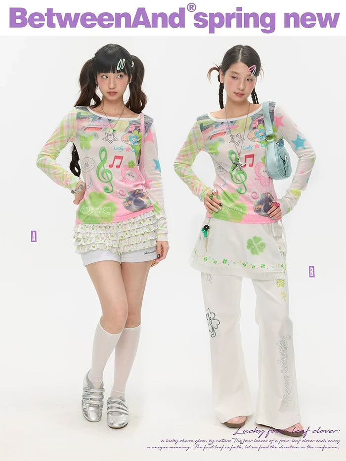 Y2K music note print long sleeve top with patchwork design