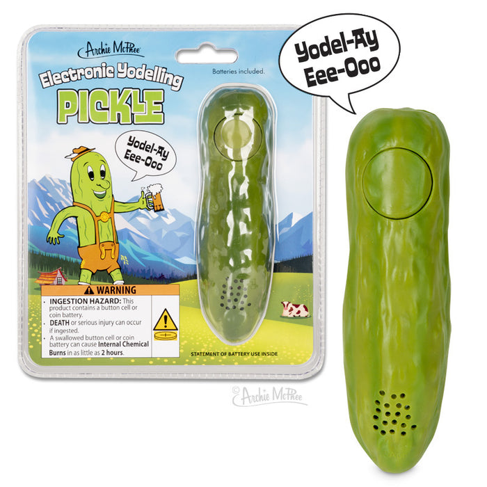 Yodelling Pickle toy in packaging, featuring a cartoon pickle mascot and mountain backdrop—a fun novelty gift! Speech bubble: Yodel-Ay Eee-Ooo.