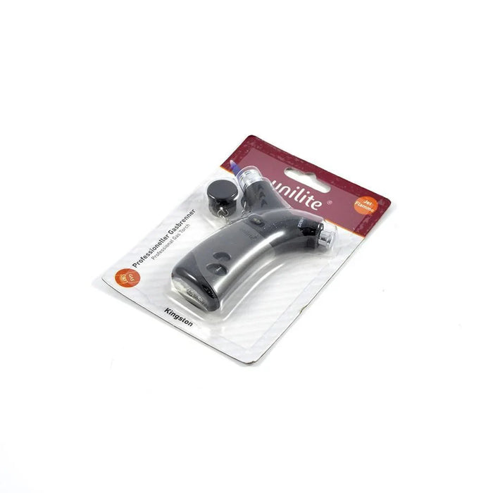 frontview of Zetla black mini jet flame torch lighter 10 cm compact for travel in packaging